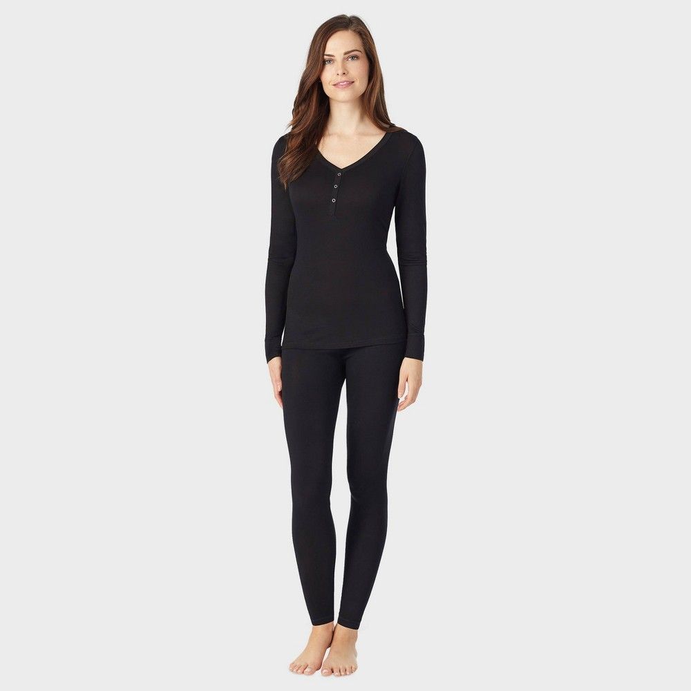 Warm Essentials by Cuddl Duds Women's Long Sleeve Smooth Stretch Thermal Henley T-Shirt - Black L | Target