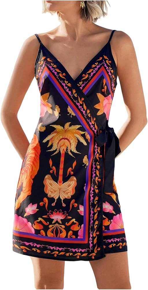 Women's Tropical Print Cami Dress Sleeveless Wrap V Neck Tie Knot Boho Short Dresses | Amazon (US)