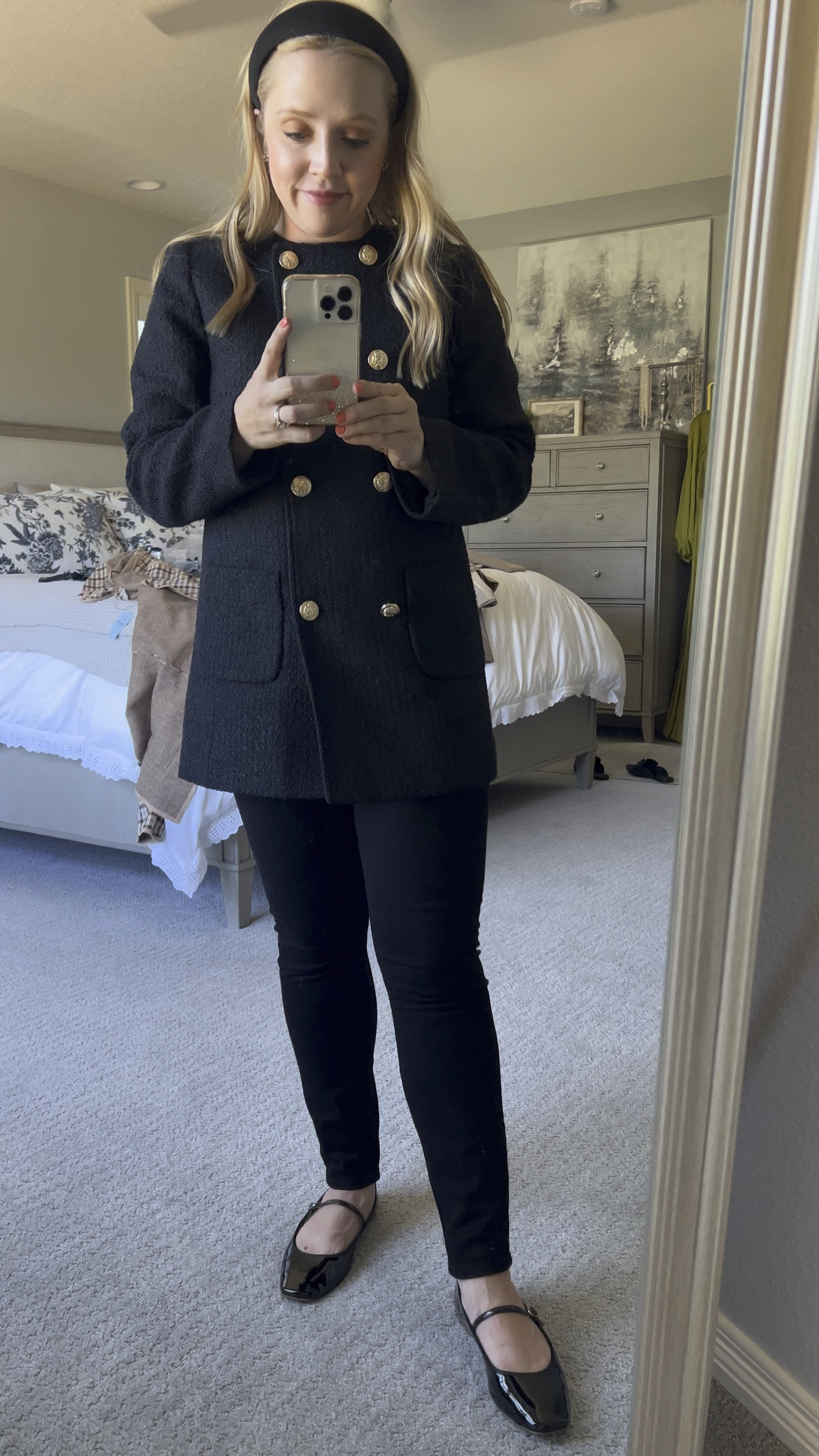 Love this black tweed jacket and the the double breasted style. Petite sizes and fits tts. Suggest a size up in the black skinny jeans (I’d go a 27 to a 28) Mary Jane’s fit tts. 
Petite, fall outfit, coat, tweed, black jeans, jeans, fall outfits, loft, fall jacket, tweed jacket 

#LTKVideo #LTKSaleAlert