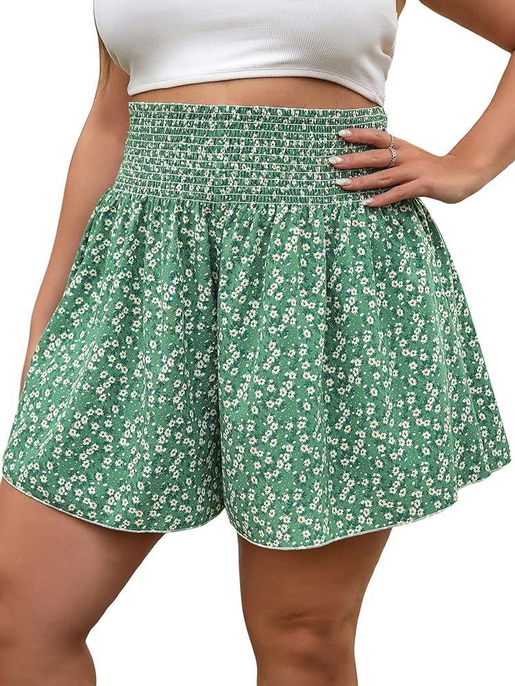 SOLY HUX Women's Plus Size Ditsy Floral Print Shirred Elastic High Waisted Wide Leg Shorts | Amazon (US)