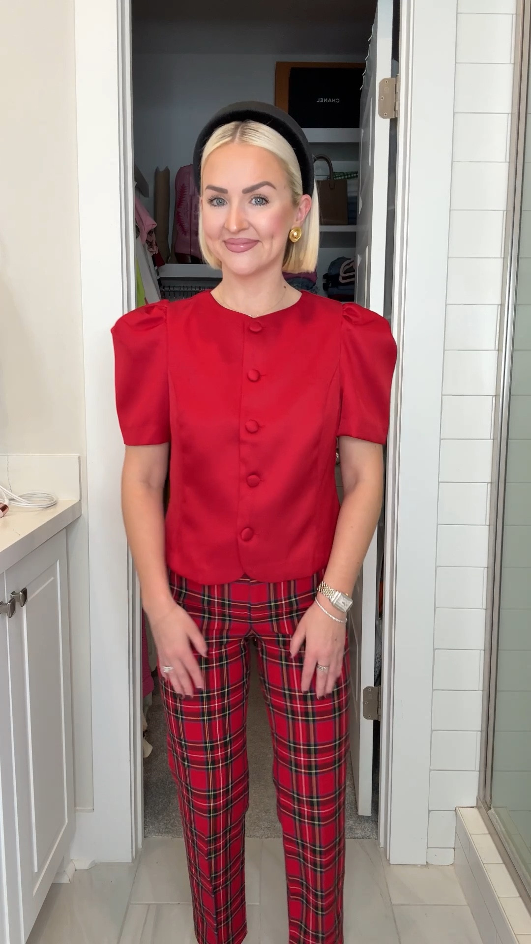 Christmas outfit ideas / Christmas outfit inspo / holiday style / red blouse (size small - go up one) / red plaid pants (size 00 petite) / red tartan pants 

#LTKPetite #LTKHoliday #LTKootd
