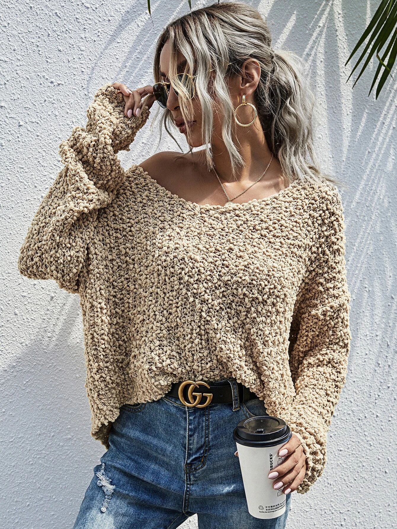 Popcorn Knit Boat Neck Sweater | SHEIN
