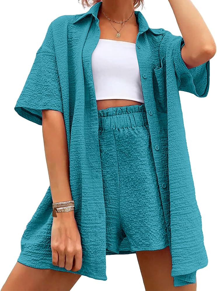Ekouaer Womens Lounge Sets 2 Piece Outfits Casual Teal Blue Shirt Blue Top Blue Shorts Outfit | Amazon (US)