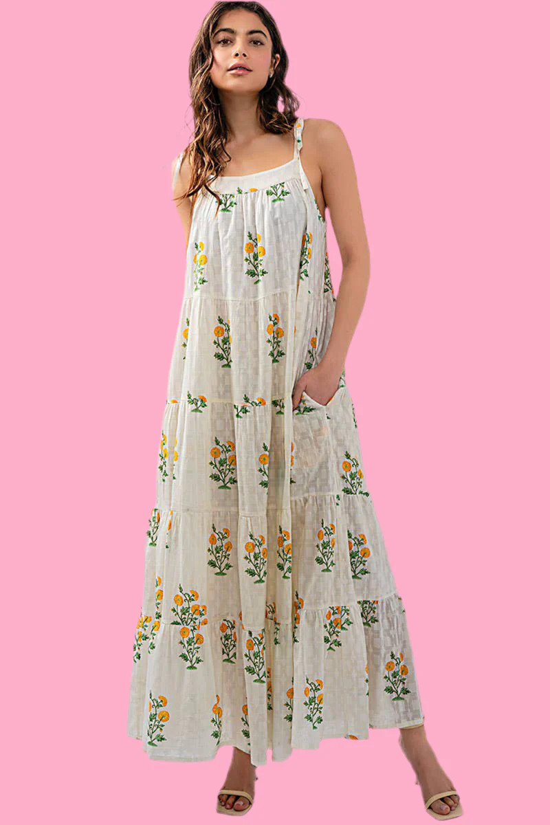 Orange Blossom Tiered Maxi Dress with Hidden Pockets | Teggy French