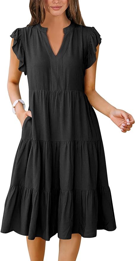ANRABESS Womens Summer Ruffle Sleeve V Neck Midi Dress 2024 Fashion Casual Fit Flowy Tiered Boho ... | Amazon (US)