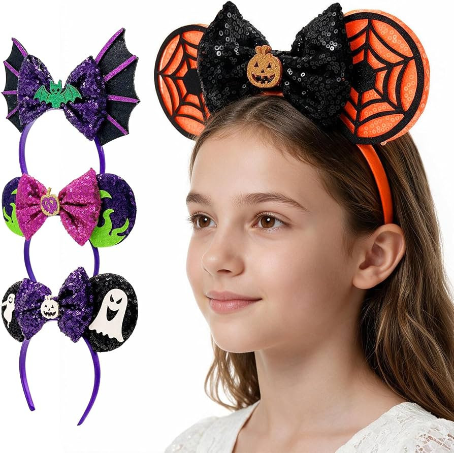 4PCS Halloween Mouse Ears Headbands Sequin Bows Pumpkin Ghost Headbands | Amazon (US)