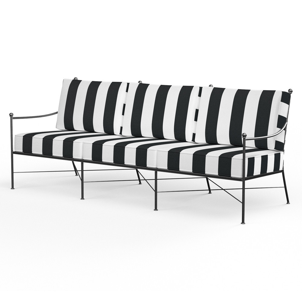 Sunset West Provence White Black Stripe Cabana Cushion Metal Outdoor Sofa | Kathy Kuo Home