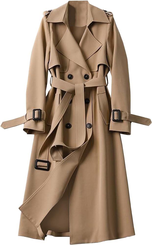 Women's Double Breasted Long Trench Coat Belted Notch Lapel Overcoat Windproof Classic Outerwear | Amazon (US)