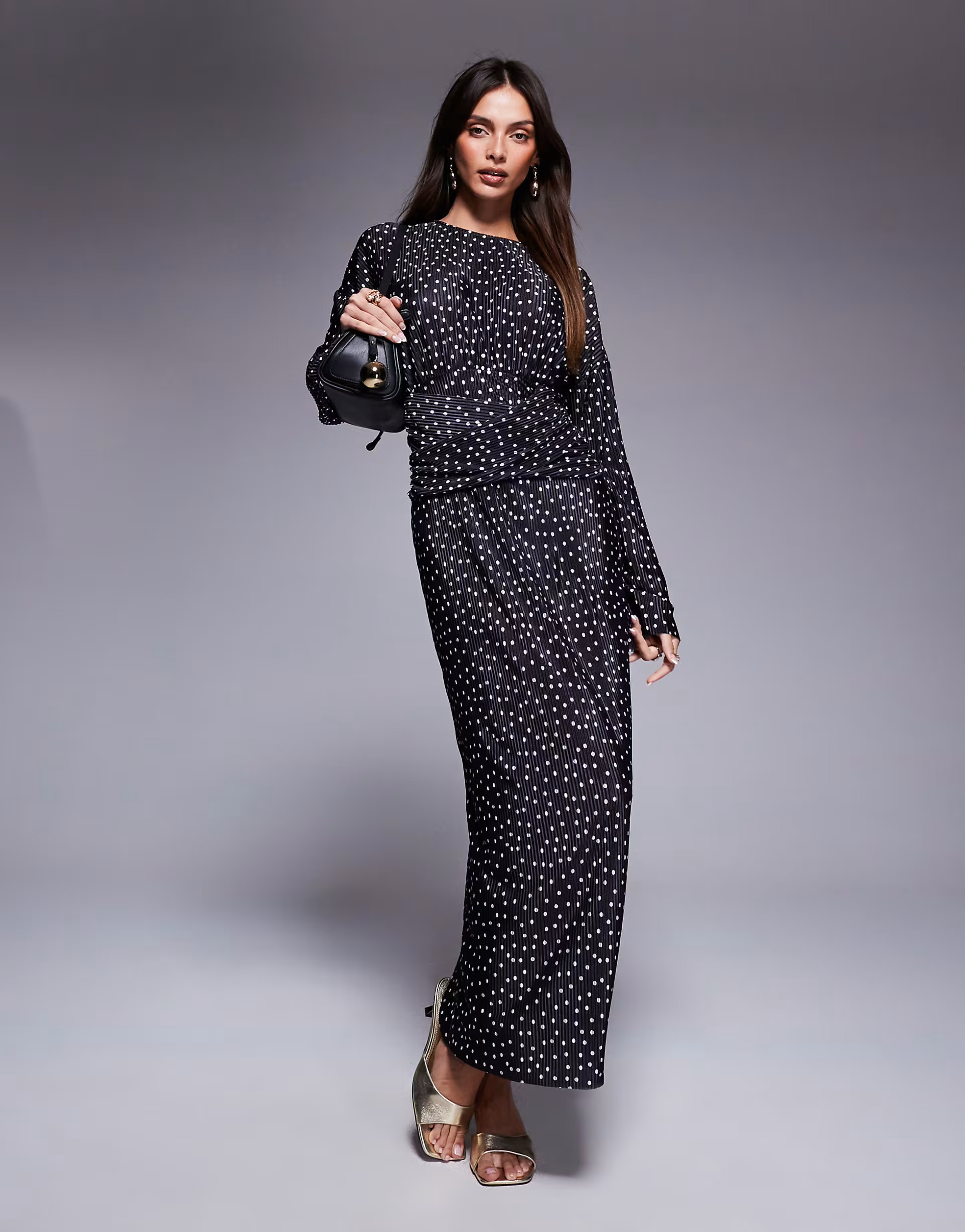 ASOS DESIGN plisse high neck long sleeve wrap waist maxi dress in dot | ASOS | ASOS (Global)