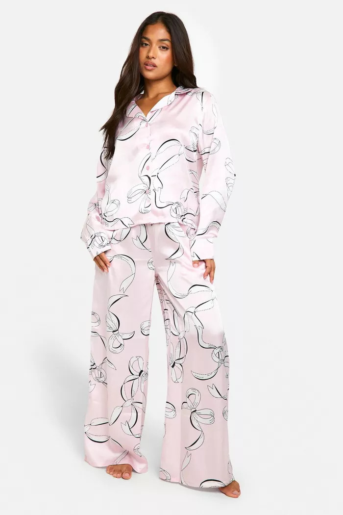 Petite Bow Print Satin Trouser Pj Set | boohoo (US & Canada)