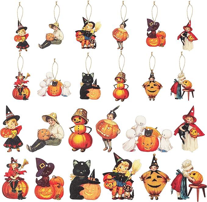 37Pcs Halloween Wooden Hanging Ornaments Wooden Pumpkin Black Cat Witch Hat Ghost Ornaments Hallo... | Amazon (US)
