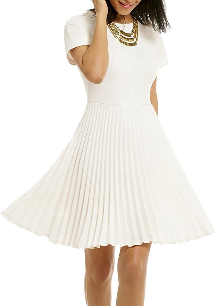 Women's Elegant Pleated Short Sleeves Cocktail Party Swing Dress, White Dresses | Amazon (US)