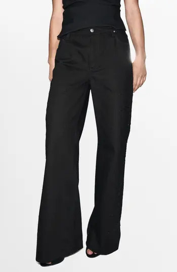 MANGO Embellished Rhinestone Wide Leg Jeans in Black Denim at Nordstrom Rack, Size 6 | Nordstrom Rack