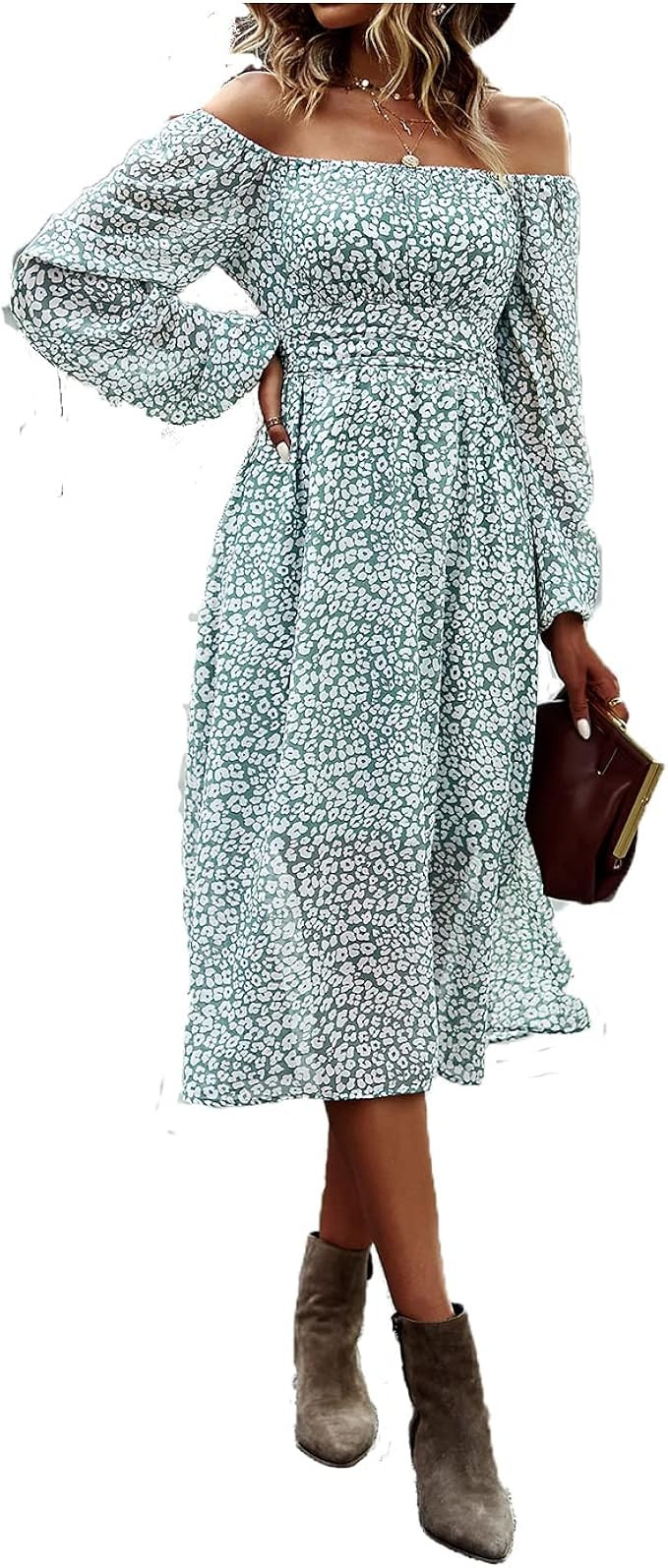 JBIBGYGEP Women's Off Shoulder Square Neck Maxi Long Sleeves Floral Printed Flared Dress | Amazon (US)