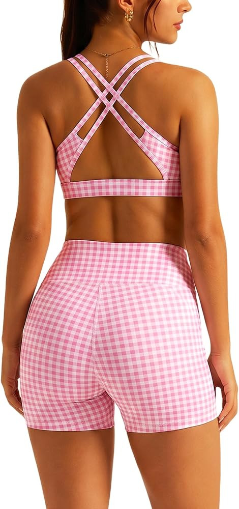 Gingham Workout Sets for Women Two Pilates Yoga Outfits | Amazon (US)