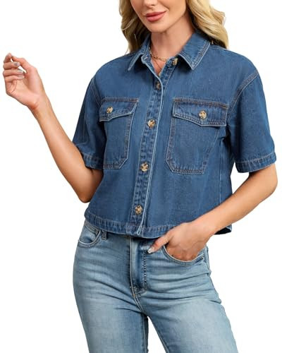 Kedera Womens Crop Denim Shirt Short Sleeve Button Down Short Jean Jacket Trendy Jean Tops Shackets Dark Blue | Amazon (US)