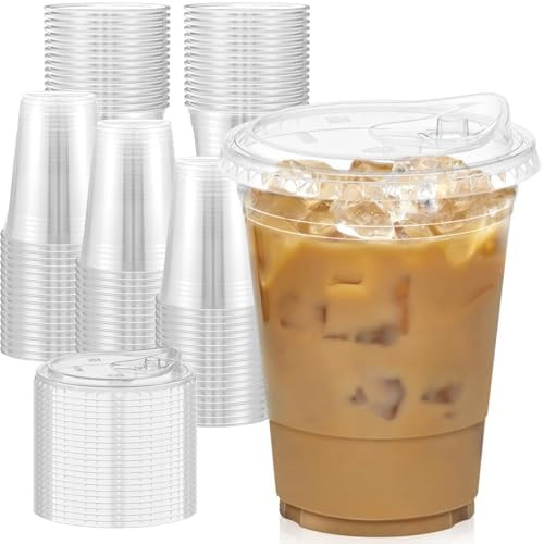 100 Pack - 16 oz Clear Plastic Cups with Lids, Sturdy & Food Safe Iced Coffee Cups with lids, Dis... | Amazon (US)