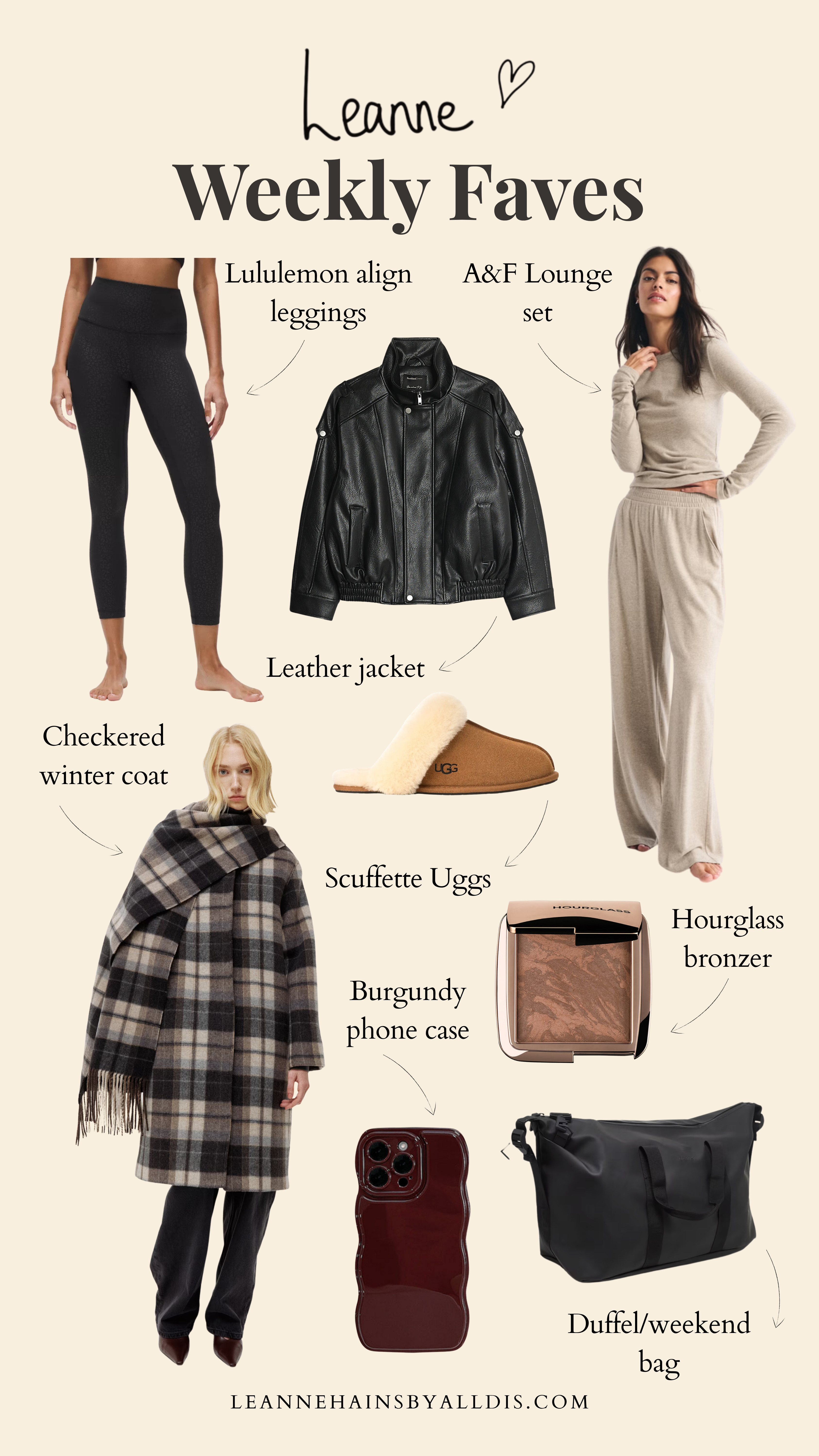 My Weekly Faves ✨

Winter coat, winter jacket, leather jacket, Lululemon, gym leggings, lounge wear, bronzer, Hourglass, duffle bag, gym bag, weekend bag, Uggs, slippers, phone case 

 #LTKuk #LTKautumn #LTKwinter
