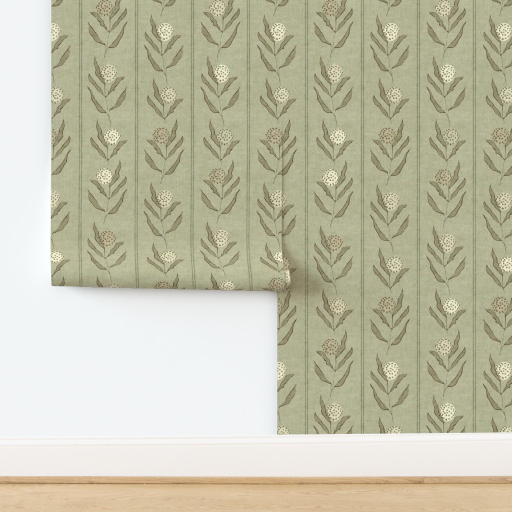 L Virelle Stripe Antique Floral Ink Sketch Rustic Neutral Earthy Sage Tan Wallpaper | Spoonflower | Spoonflower