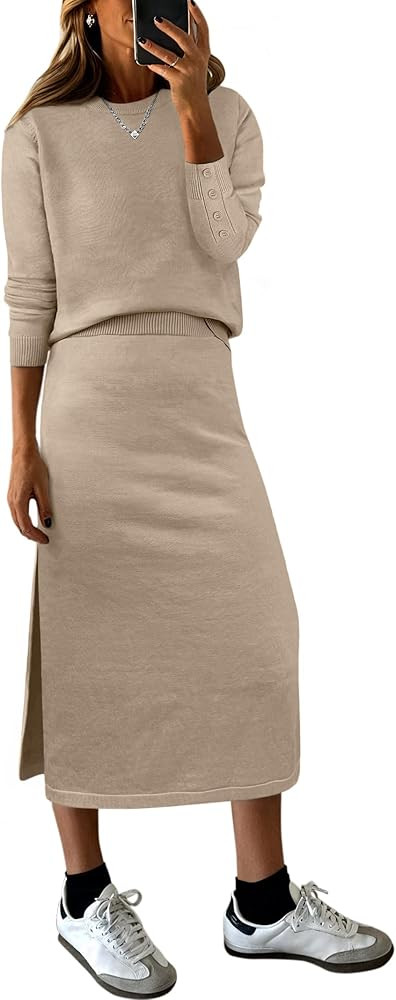 Women 2 Piece Outfits Striped Sweater Skirt Sets Fall Casual Long Sleeve Pullover Top Lounge Trav... | Amazon (US)