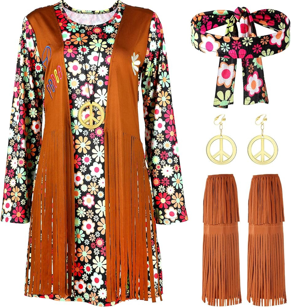 Women Hippie Costume Set Peace Sign Earring Necklace Headband Dress Ankle Socks | Amazon (US)