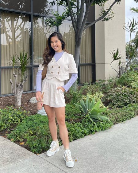 Summer Outfit / corporate girlie style all beige summer outfit for office with a touch of high top sneakers and a pop of lilac for summer vibes 💜 SHEIN BIZwear Double Breasted Crop Blouse & Shorts 💖

#LTKGiftGuide #LTKunder50 #LTKstyletip