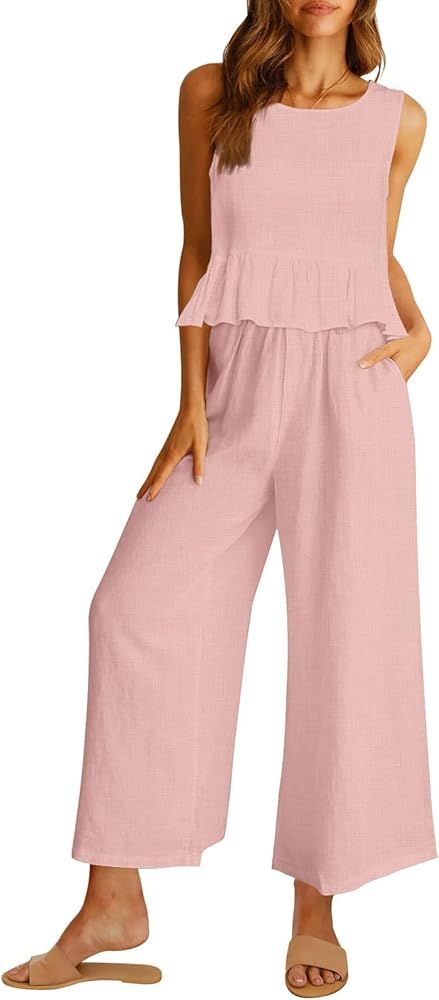 AUTOMET Womens Summer 2 Piece Outfits Linen Crop Tank Tops Lounge Matching Sets & Long Track Pant... | Amazon (US)