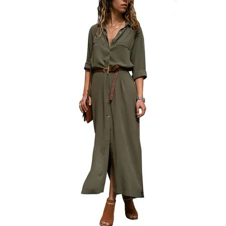 Women Long Sleeve Shirt Maxi Dress Ladies Casual Button Through Sun Dress V Neck Loose Side Split... | Walmart (US)