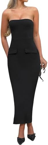 Azhong Women's Summer Strapless Sleeveless Tube Sexy Strapless Bodycon Midi Club Dress Back Slit ... | Amazon (US)