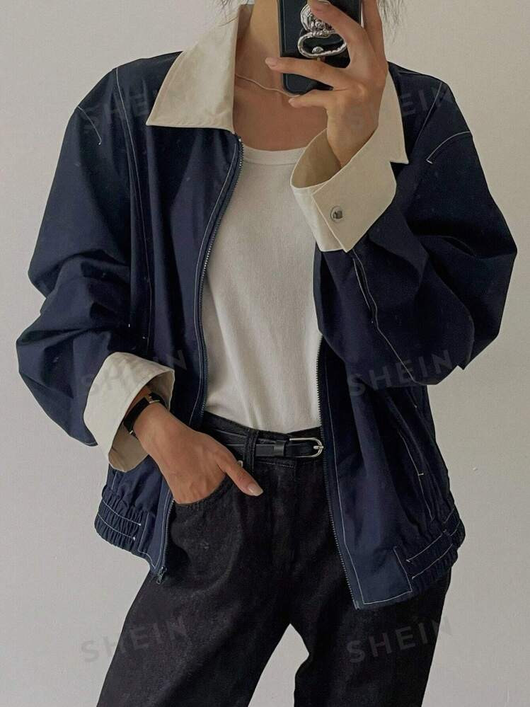 DAZY Women Color Block Regular Casual Jacket For Autumn | SHEIN USA | SHEIN