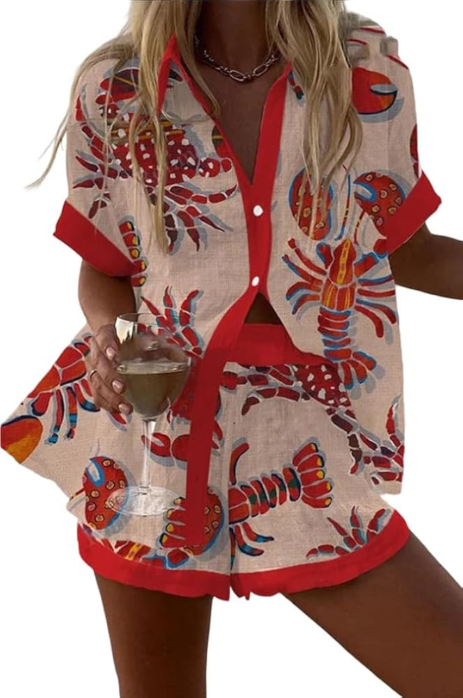 Women's Printed 2 Piece Outfit, Short Sleeve Button Down Shirt & Elastic Waist Shorts Set, Casual... | Amazon (US)