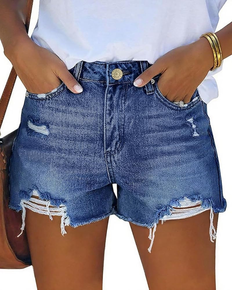 MIFOCAL Womens Mid Rise Casual Cutoff Denim Shorts Distressed Stretchy Ripped Jean Shorts | Amazon (US)
