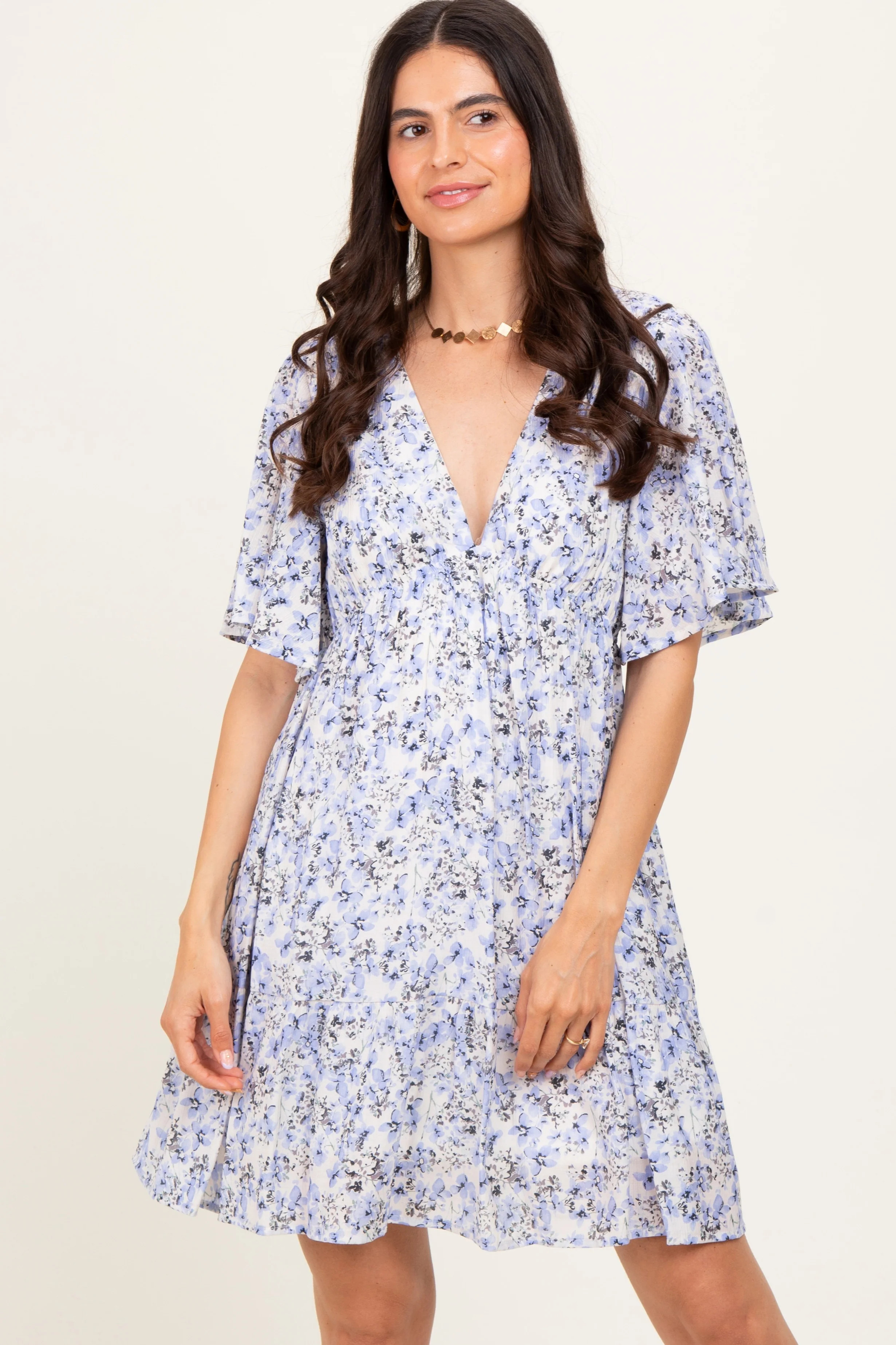 Periwinkle Floral V-Neck Flutter Sleeve Mini Dress - Small | PinkBlush Maternity