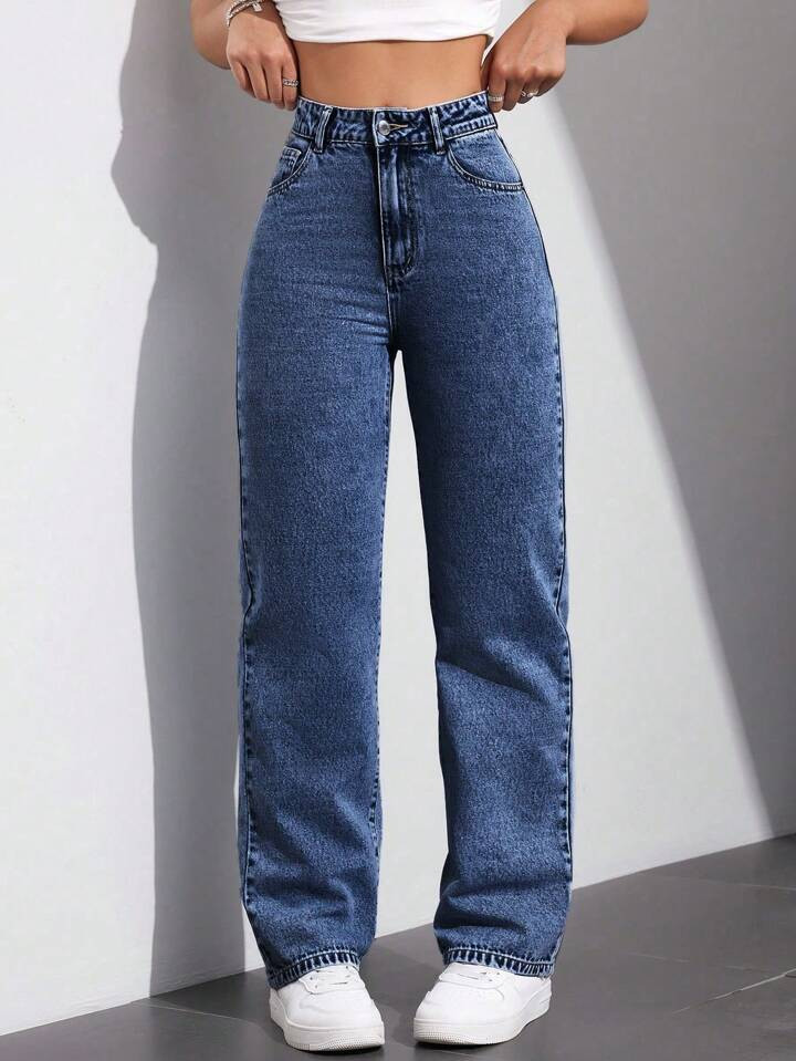 SHEIN EZwear Women's Straight Loose Casual Pocket Jeans | SHEIN