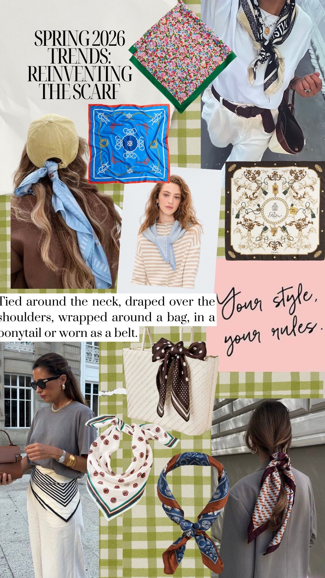 Spring 2026 Trends

Scarf Dressing

Lele Sadoughi Paisley Square Satin Scarf, FRAME X Ritz Paris Silk Scarf, Favorite Daughter Stripe Knotted Triangle Scarf, Target Polka Dot Square Scarf & Flower Polka Dot Scarf, Old Navy Yellow Floral Scarf

#LTKSeasonal #LTKOver40 #LTKootd