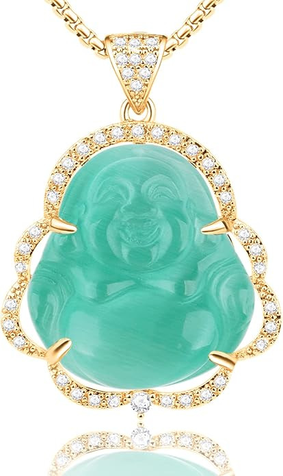 ASGIFT Laughing Buddha Necklace Cubic Zirconia Green Jade Buddha Pendant with 18K Gold Plated Cha... | Amazon (US)