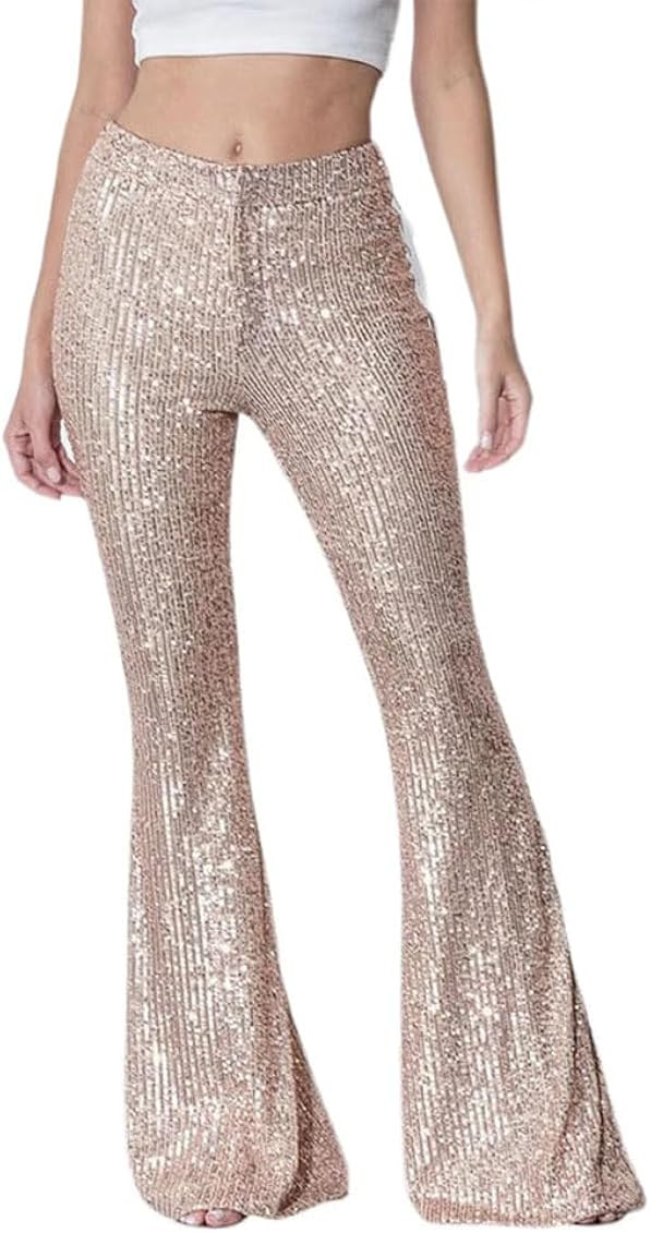 Women Sequin Pants Sparkly Glitter High Waisted Wide Leg Flare Trousers Bell Bottom Night Out Clu... | Amazon (US)