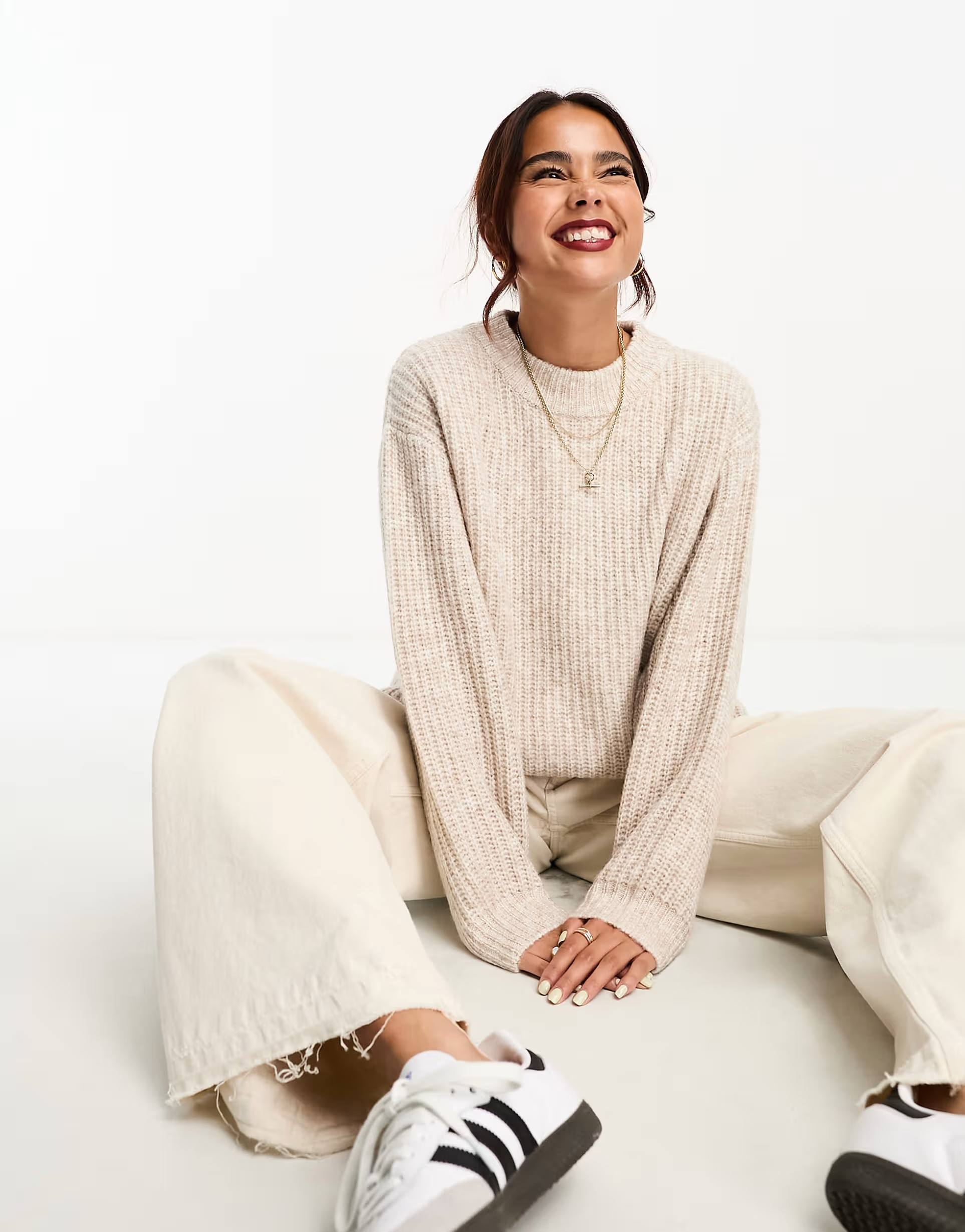 ASOS DESIGN fluffy rib sweater with crew neck in oatmeal | ASOS (Global)