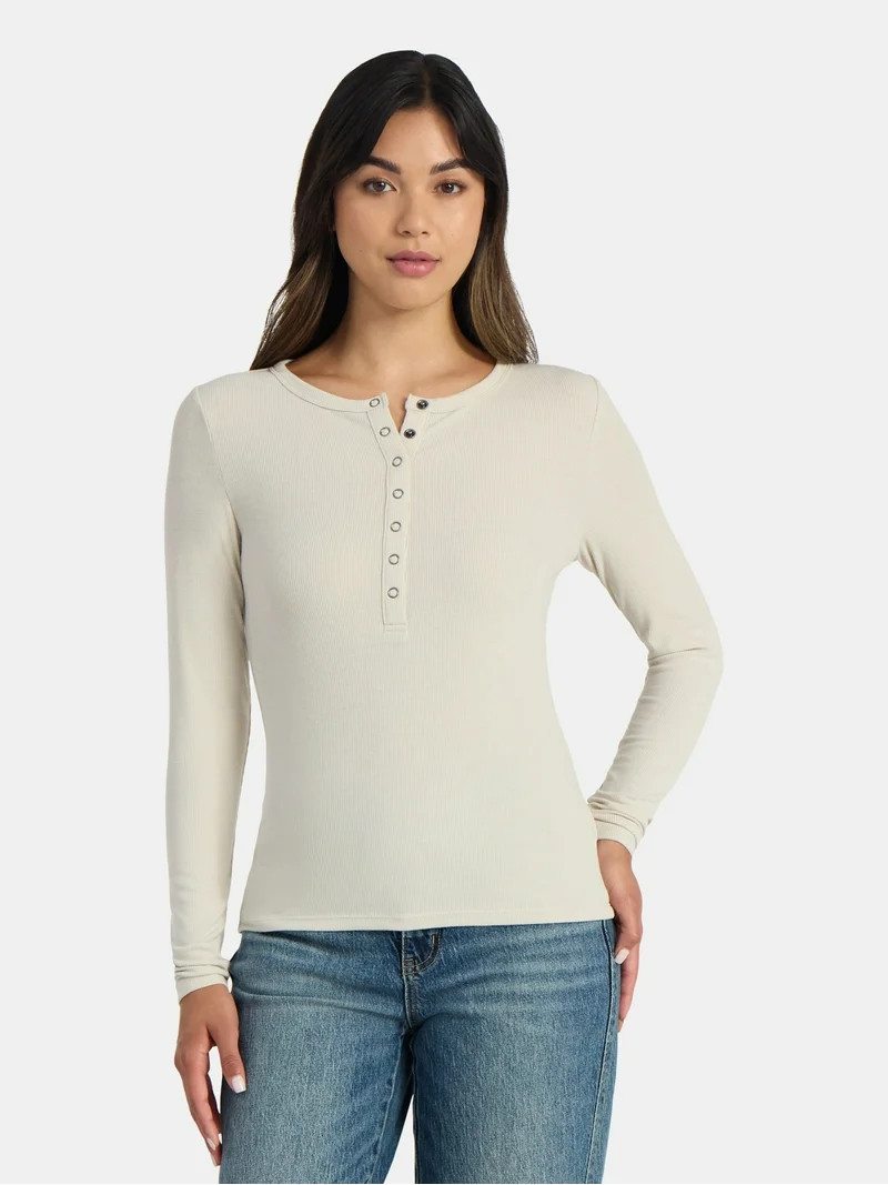 Time and Tru Women's Ribbed Henley Shirt with Long Sleeves, Sizes XS-XXXL | Walmart (US)