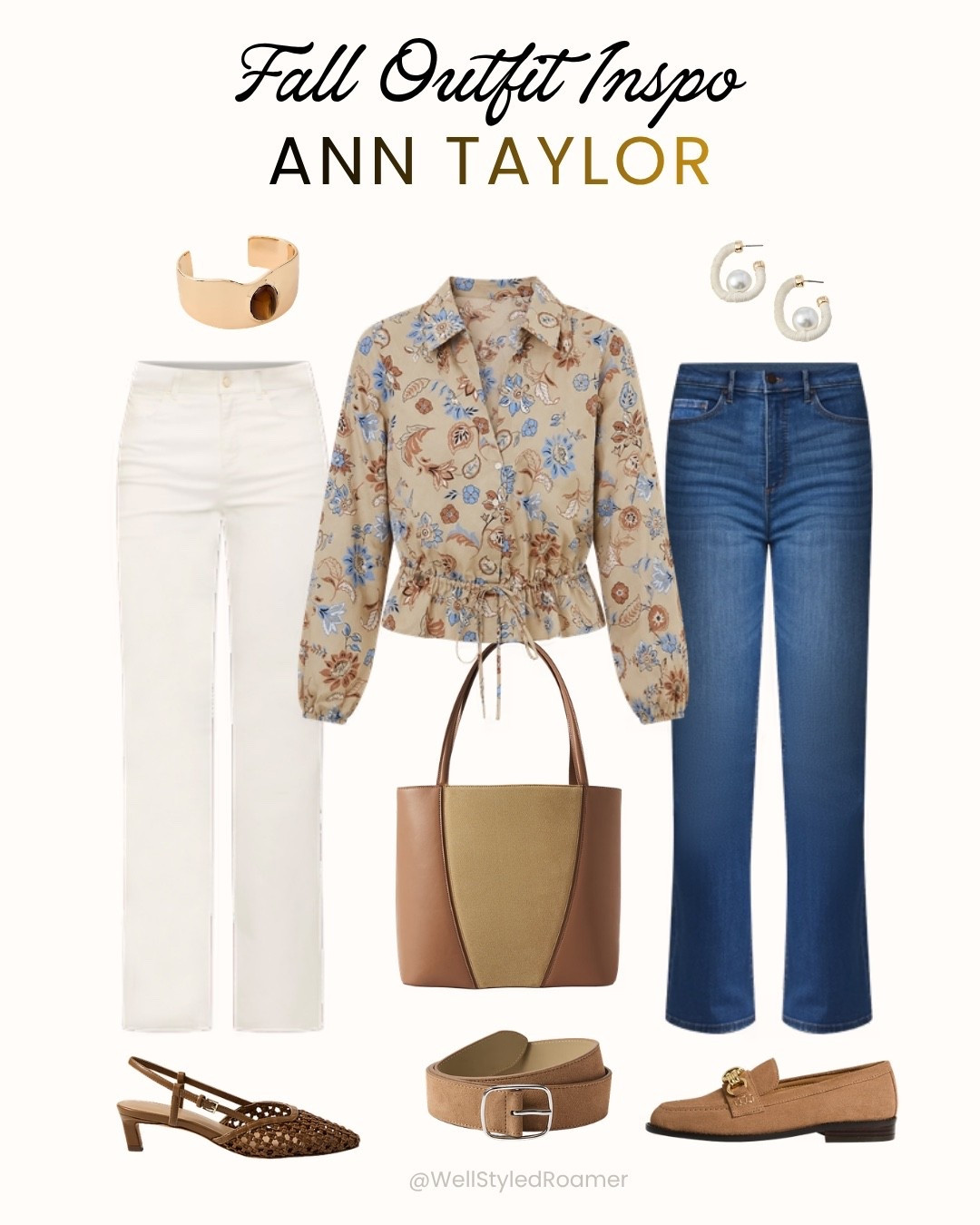 Ann Taylor Fall Outfits for Women over 40 Ideas: White Pants & Denim with a neutral peplum top

I love the soft blue and warm brown tones in this floral blouse for fall. I’d pair it with white pants and slingbacks for a dressier look, or jeans and loafers for a casual day out. A two-tone tote pulls either outfit together.

#anntaylor #falloutfits #styleover50 #whitepants #denimoutfit