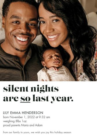 "silent nights, so last year" - Customizable Holiday Birth Announcements in White by Holly Rose. | Minted