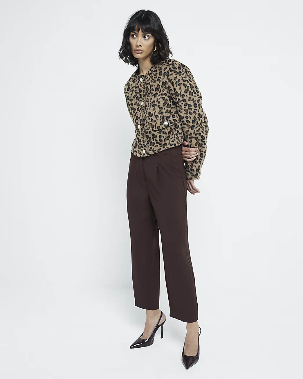 Brown pleated straight trousers | River Island UK & IE