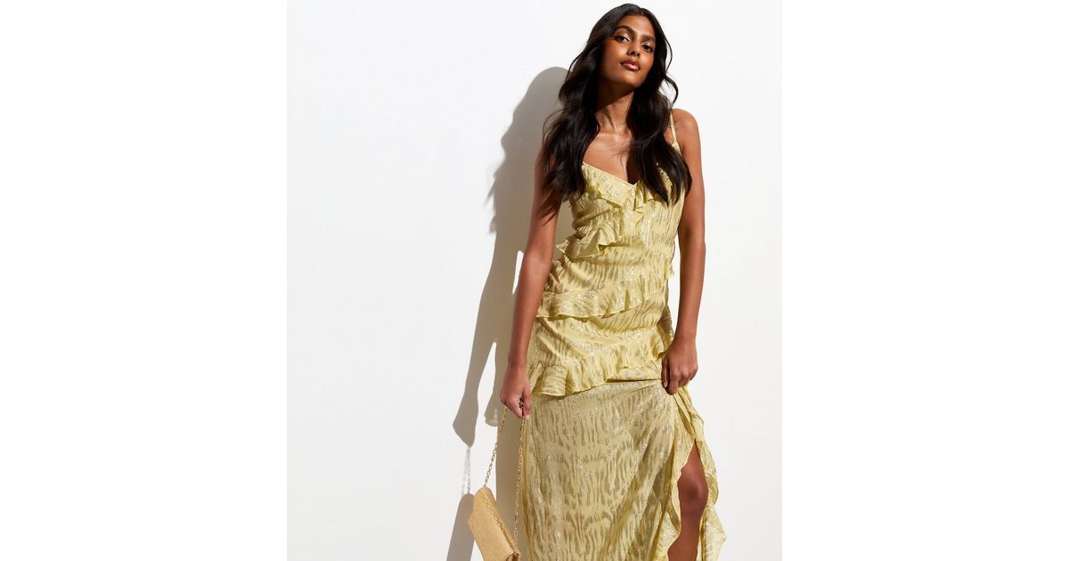 Gold Strappy Ruffle Split Hem Maxi Dress
						
						Add to Saved Items
						Remove from Saved ... | New Look (UK)