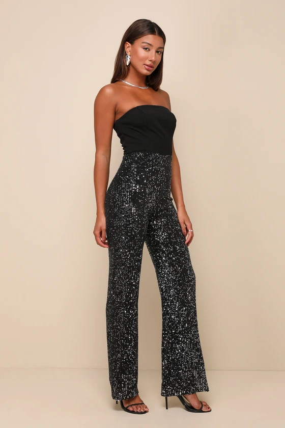 Marvelous Fun Black Sequin Strapless Straight Leg Jumpsuit | Lulus