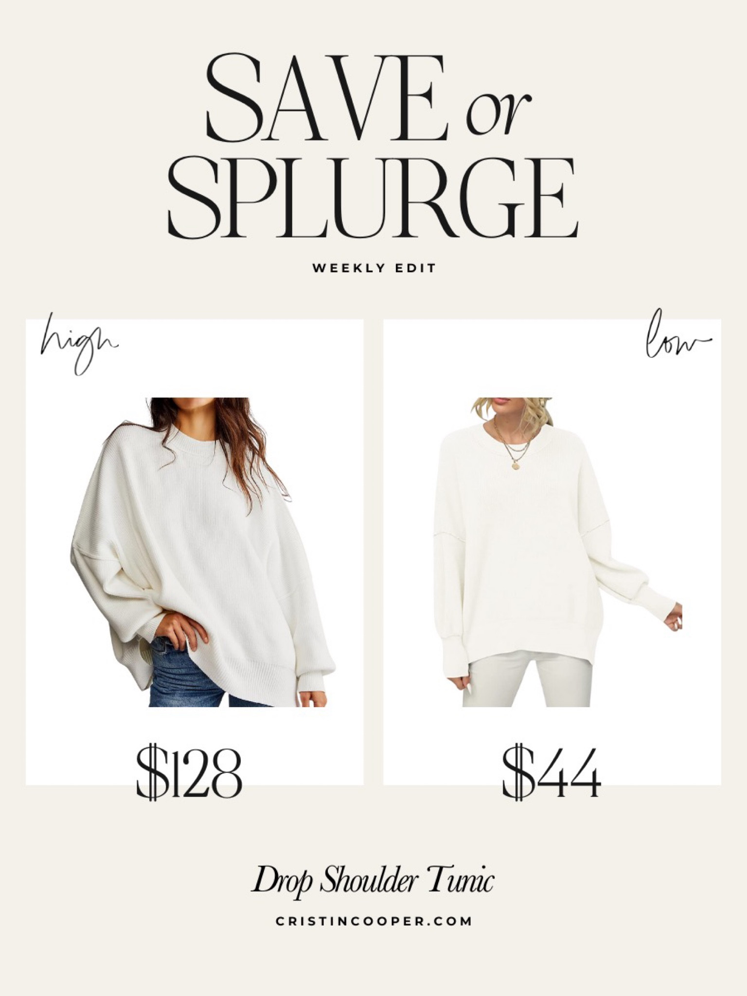 Save or Splurge 

Long sleeve drop shoulder tunic

For more funds check out cristincooper.com

#LTKstyletip #LTKSeasonal