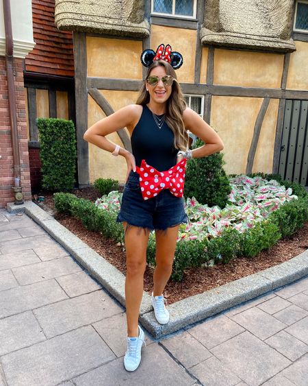 In a small bodysuit, size 29 black denim shorts, Minnie Mouse Fanny pack, Minnie ears, GG sneakers for Disney world outfit  - all fits TTS.

#LTKSeasonal #LTKstyletip #LTKtravel