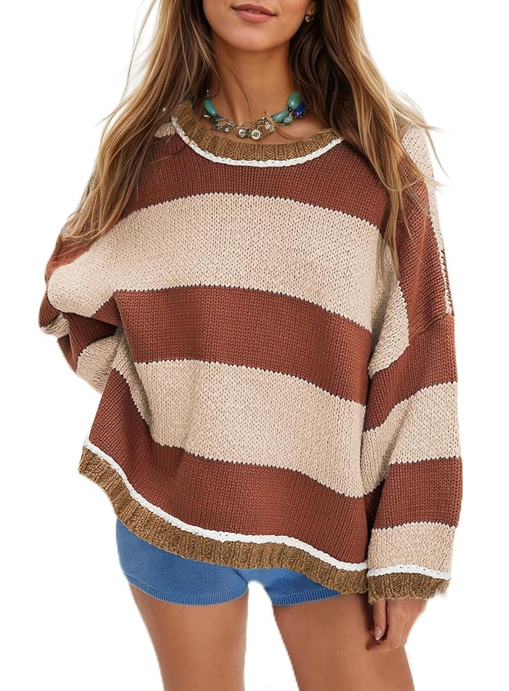 Women's Chunky Knit Striped Sweaters Casual Long Sleeve Crew Neck Oversized Pullover Sweater Wint... | Amazon (US)