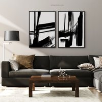 Set Of 2 Abstract Painting Brush Strokes Wall Art, Black & White Modern Minimalist Art Prints, Gicle | Etsy (US)