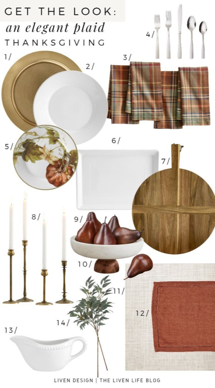Elegant Thanksgiving dining table. Tablescape. Table setting. Linen table runner. Plaid cloth napkins. Fall decor. Dinnerware. Serveware. Wood bread board. Flatware. Brass candlesticks. Pumpkin plates. Brass plate chargers. Faux pears

#LTKSeasonal #LTKHome #LTKStyleTip