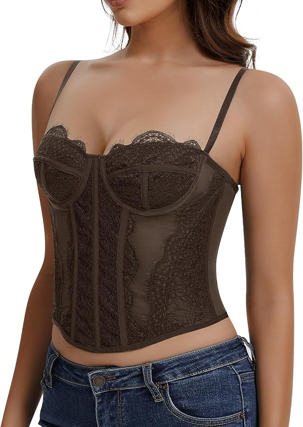 Lace Corset Tops for Women Sexy Going Out Bustier Top Sleeveless Adjustable Straps Crop Tops with... | Amazon (US)